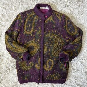 ◾️Vintage “Orange” Paisley Print Zip Up Insulated Knit Oversized Sweater